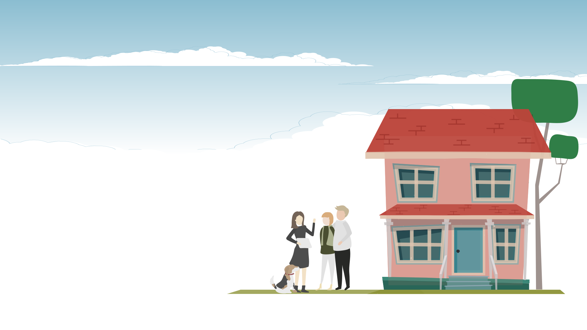 Grafika komiksowa przedstawia rodzinę stojącą obok domu.