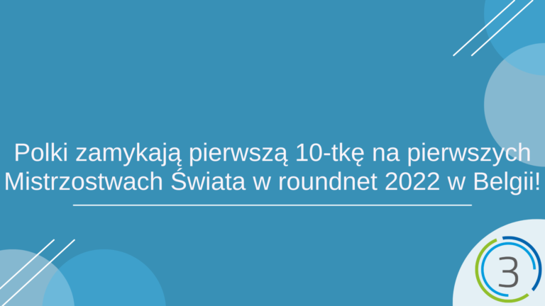 Grafika. Na niebieskim tle w centrum grafiki znajduje się napis Polki zamykają pierwszą 10-tkę na pierwszych Mistrzostwach Świata w roundnet 2022 w Belgii. W prawym dolnym rogu znajduje się logotyp Sektor 3 Szczecin